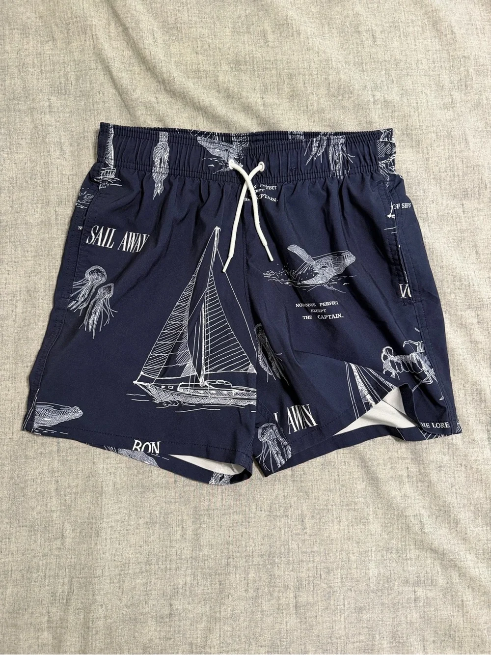 Hollister Navy and White Sailboat Print Swim Trunks